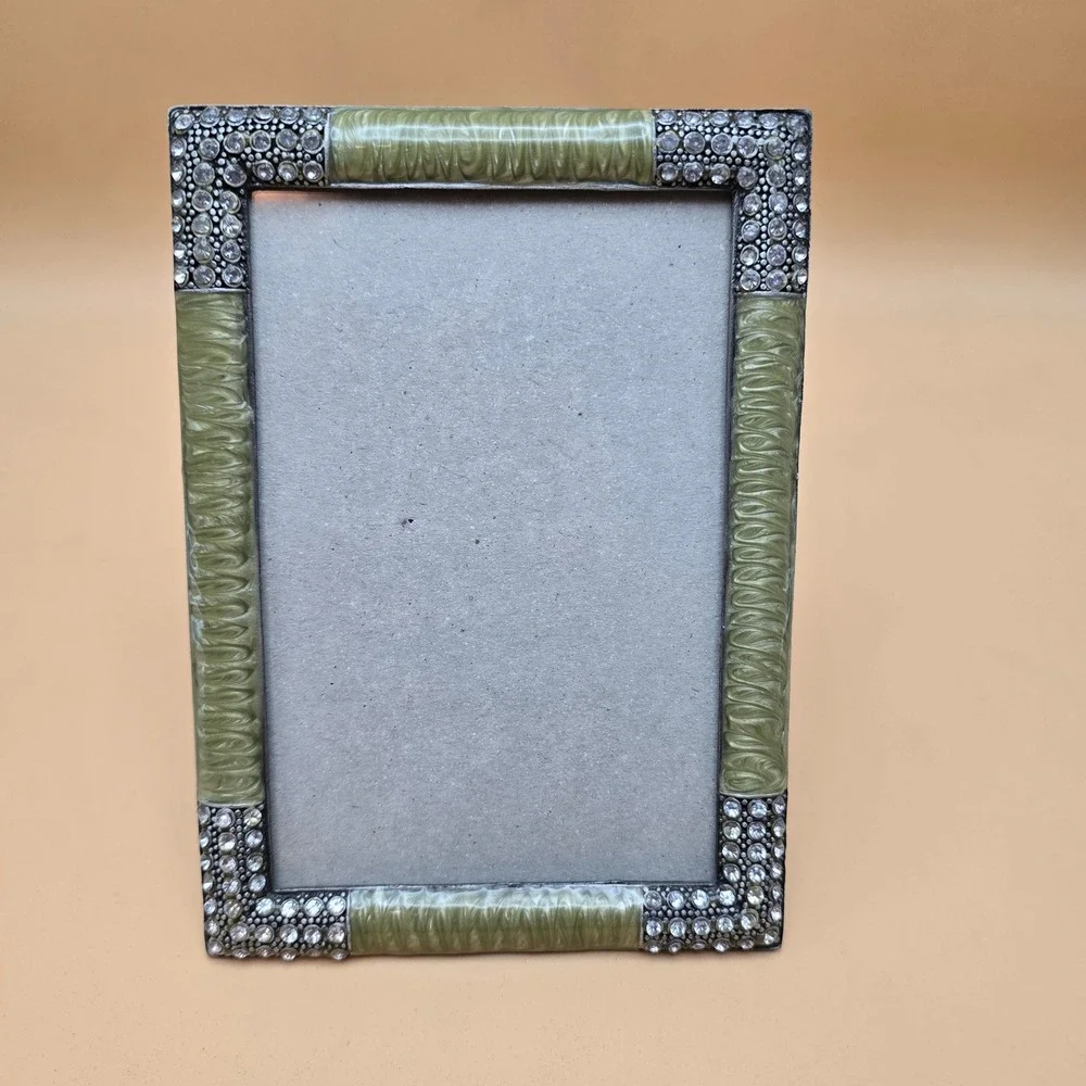 Sage Green Enamel and Rhinestone Picture Frame Vintage Style 4x6 Tabletop Decor - Picture 2 of 16